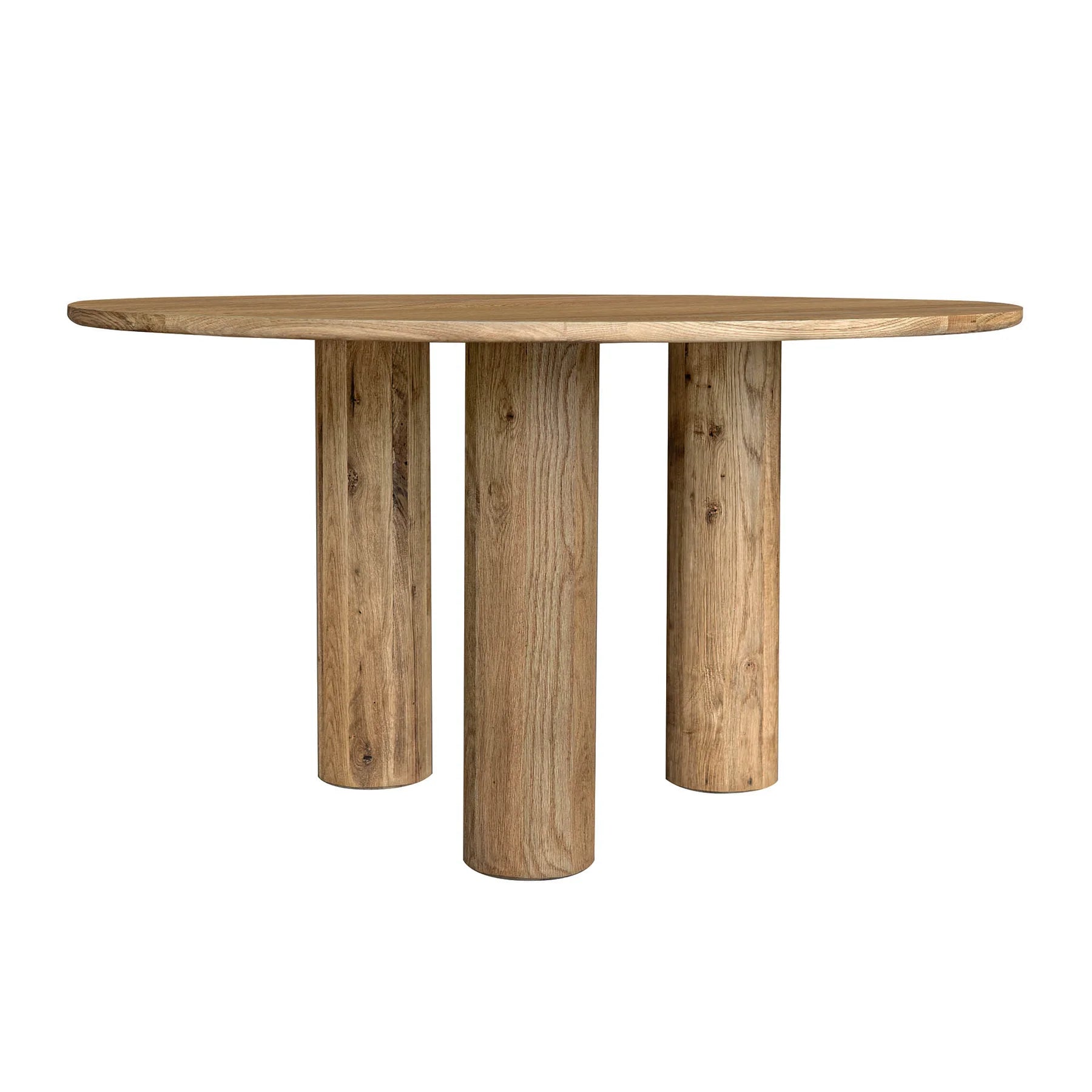 Three-quarter perspective view of the Jasper round dining table in a natural oak finish featuring three thick cylindrical pedestal legs