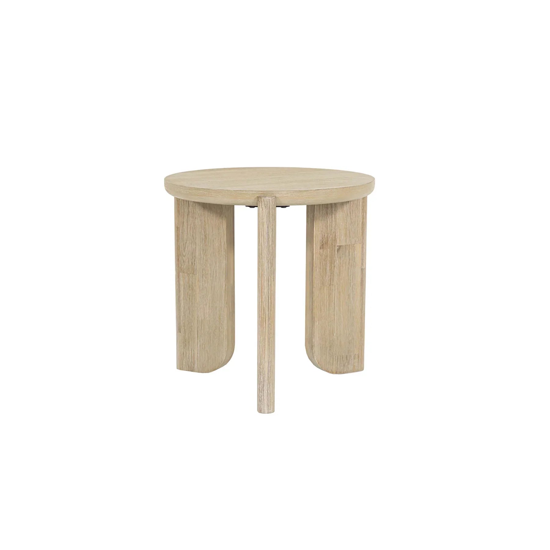 Three-quarter perspective view of the Haru side table featuring a circular top and three unique wide arched legs in a light natural oak finish