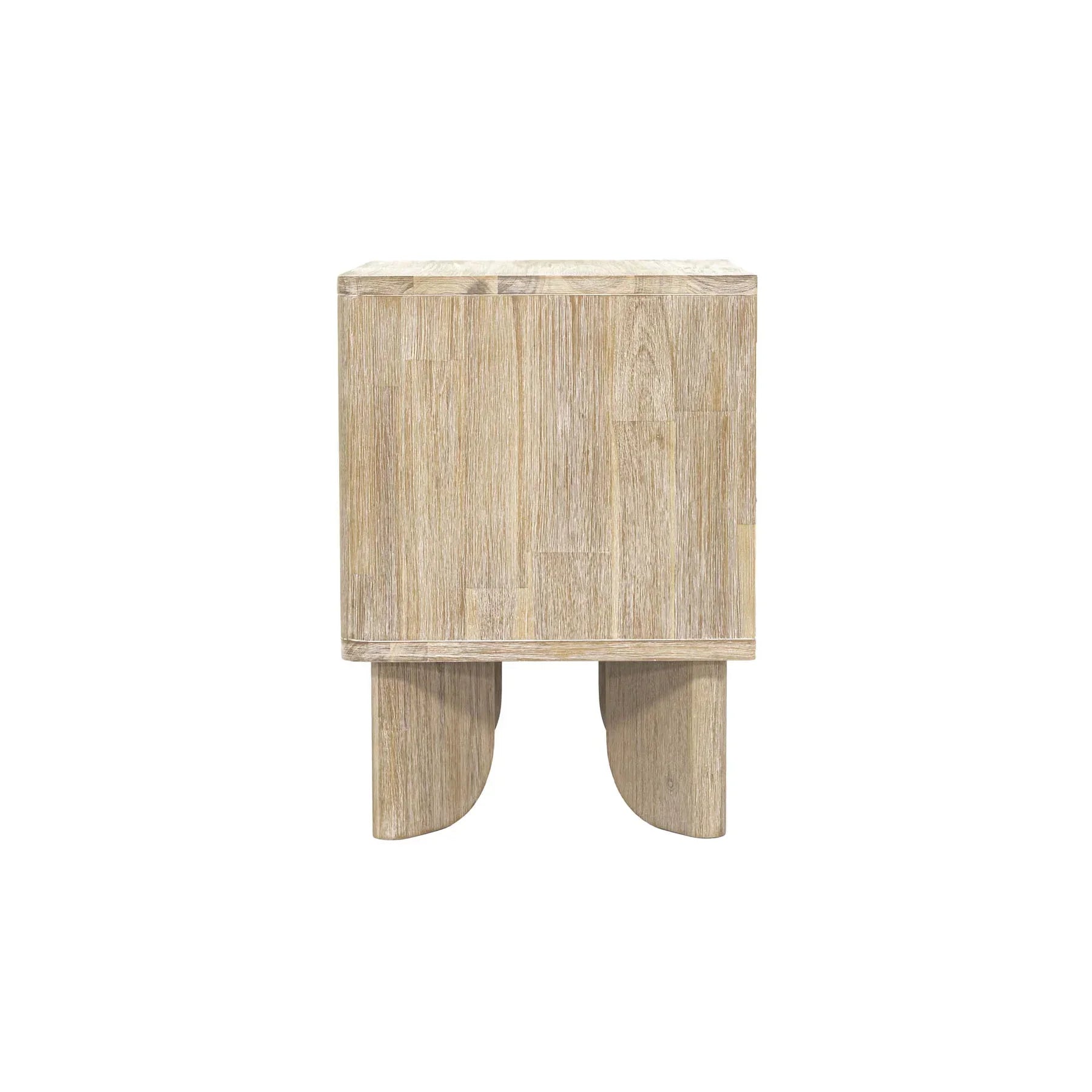 Front view of the Haru 2-drawer nightstand featuring a light driftwood finish and unique architectural slatted wood detailing