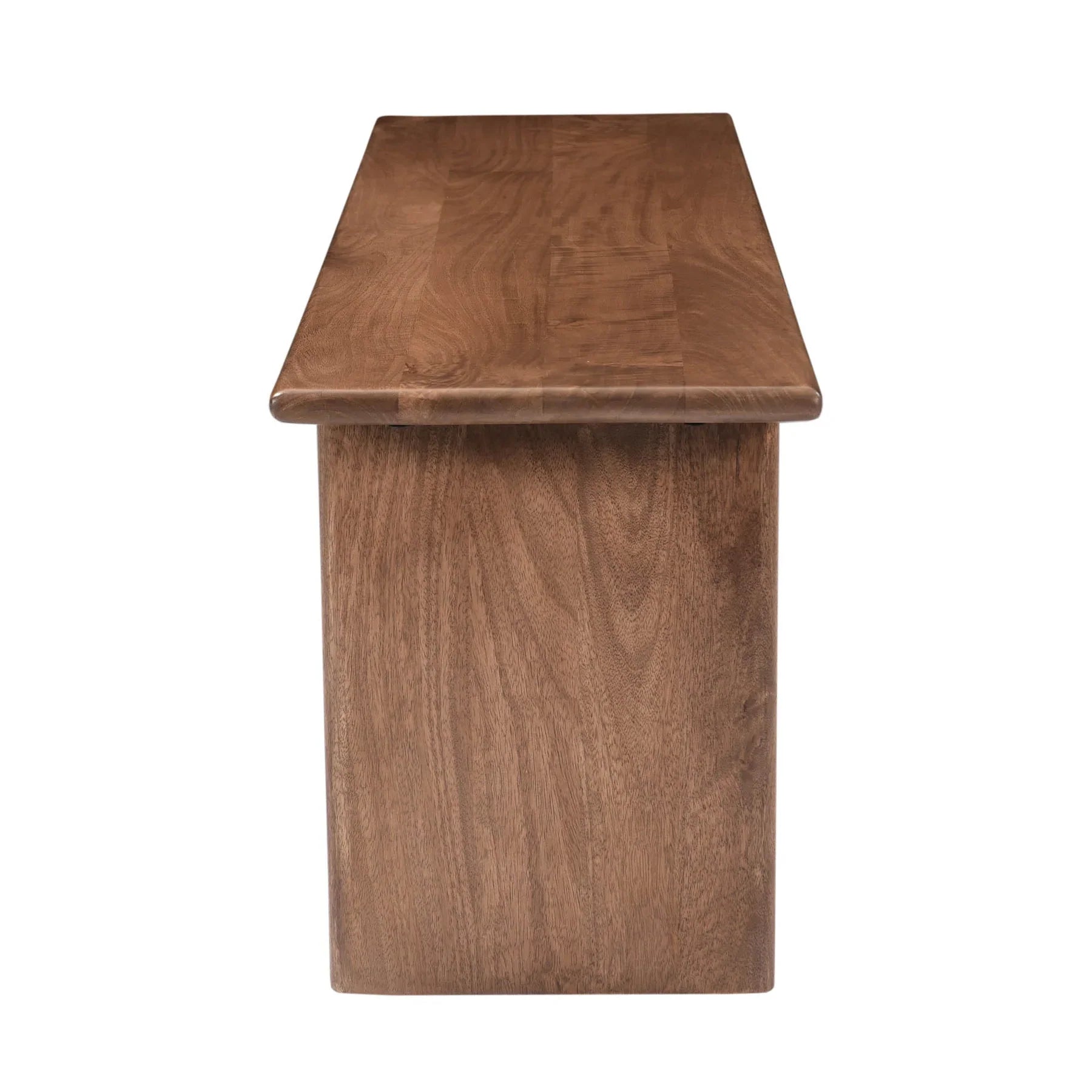 Front view of the Dallas dining bench in a rich walnut wood finish featuring a minimalist rectangular seat and thick slab legs