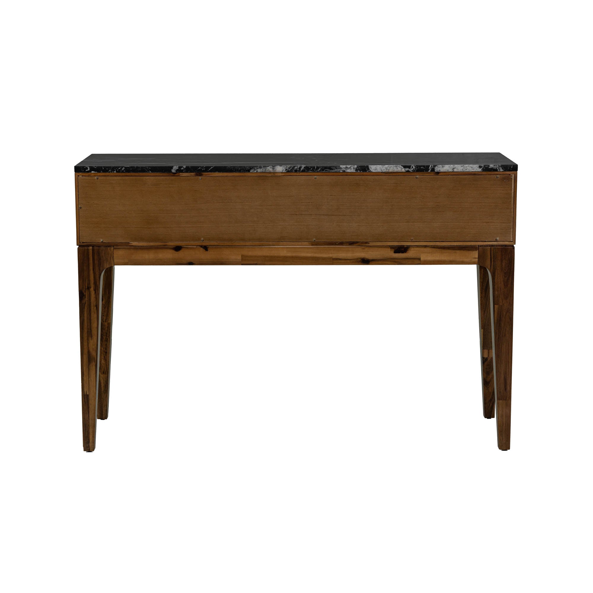 Front view of the Allure console table featuring a warm solid wood frame, two storage drawers with gold handles, and a premium black marble top