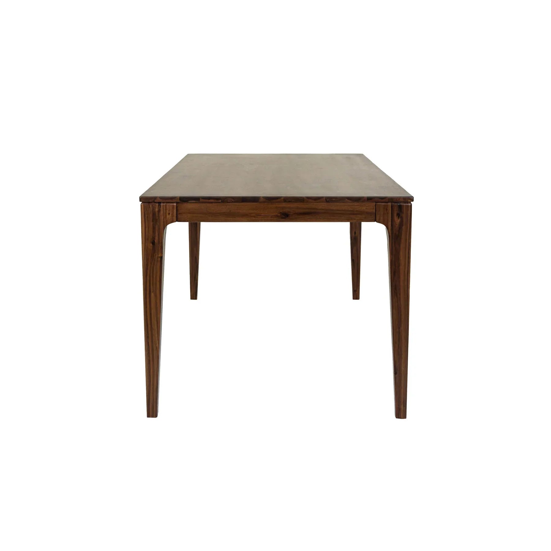Front view of the Allure dining table in a rich walnut-toned acacia wood featuring a minimalist rectangular top and flared tapered legs