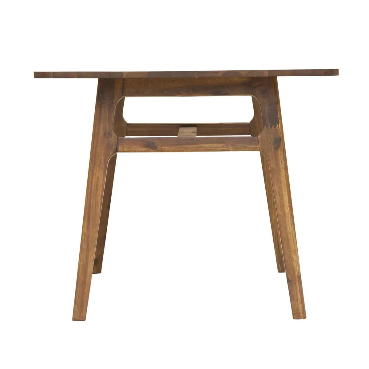 Front view of the Remix dining table in a rich walnut-toned acacia wood featuring a minimalist rectangular top and flared tapered legs