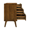 Side perspective view of the 6-drawer dresser with drawers partially open highlighting the slim hardware and precision alignment