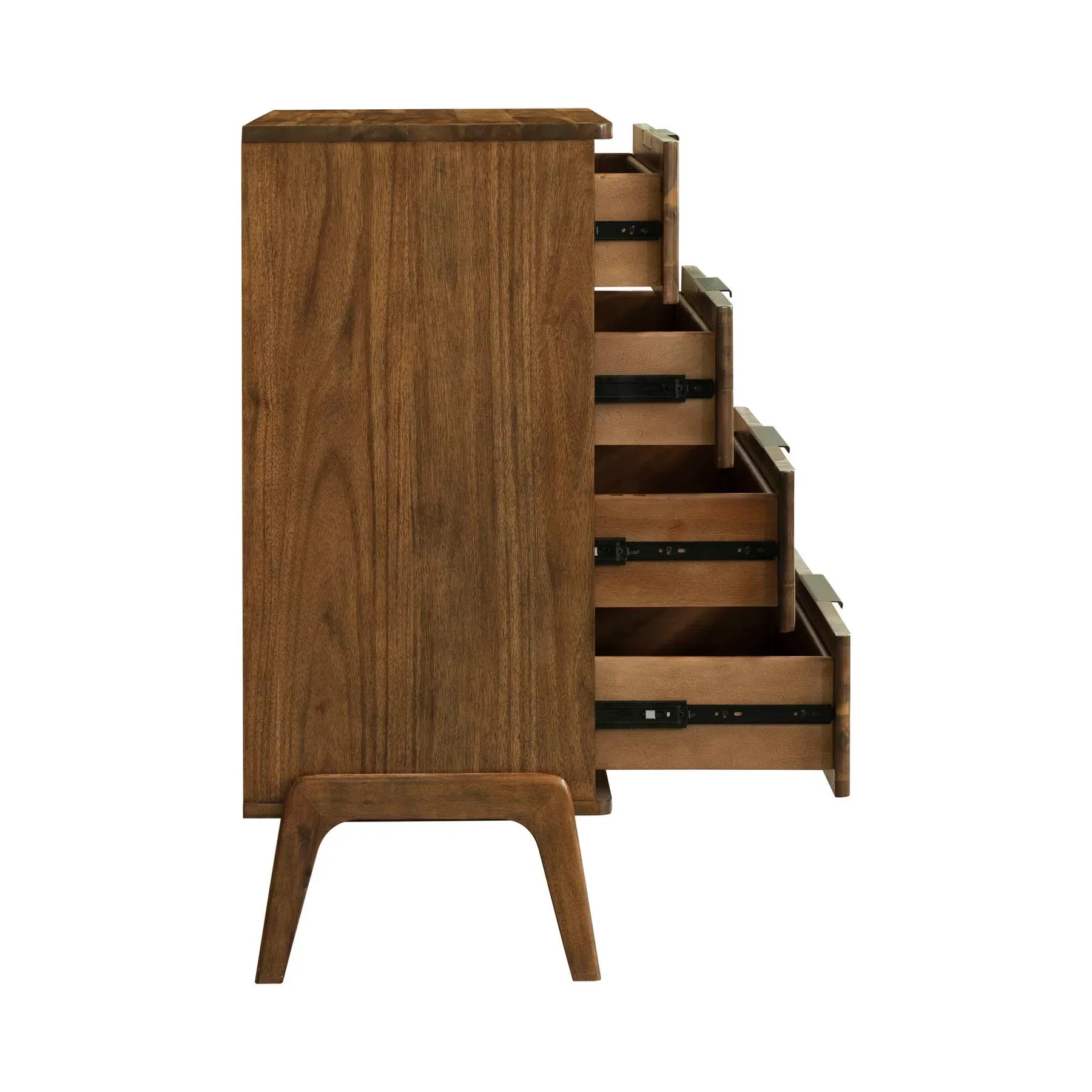 Side perspective of open drawers highlighting the slim black hardware and precision drawer alignment