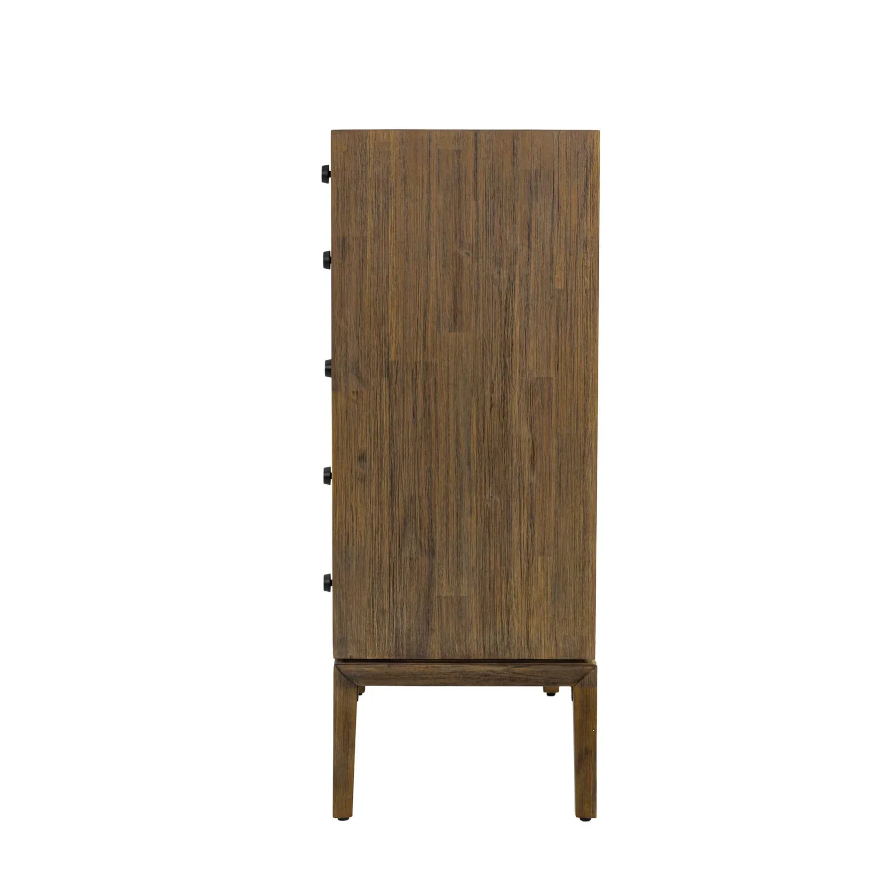 Front view of the West 5-drawer vertical chest featuring a rich natural wood finish, dark circular knobs, and a top drawer with vertical fluted detailing