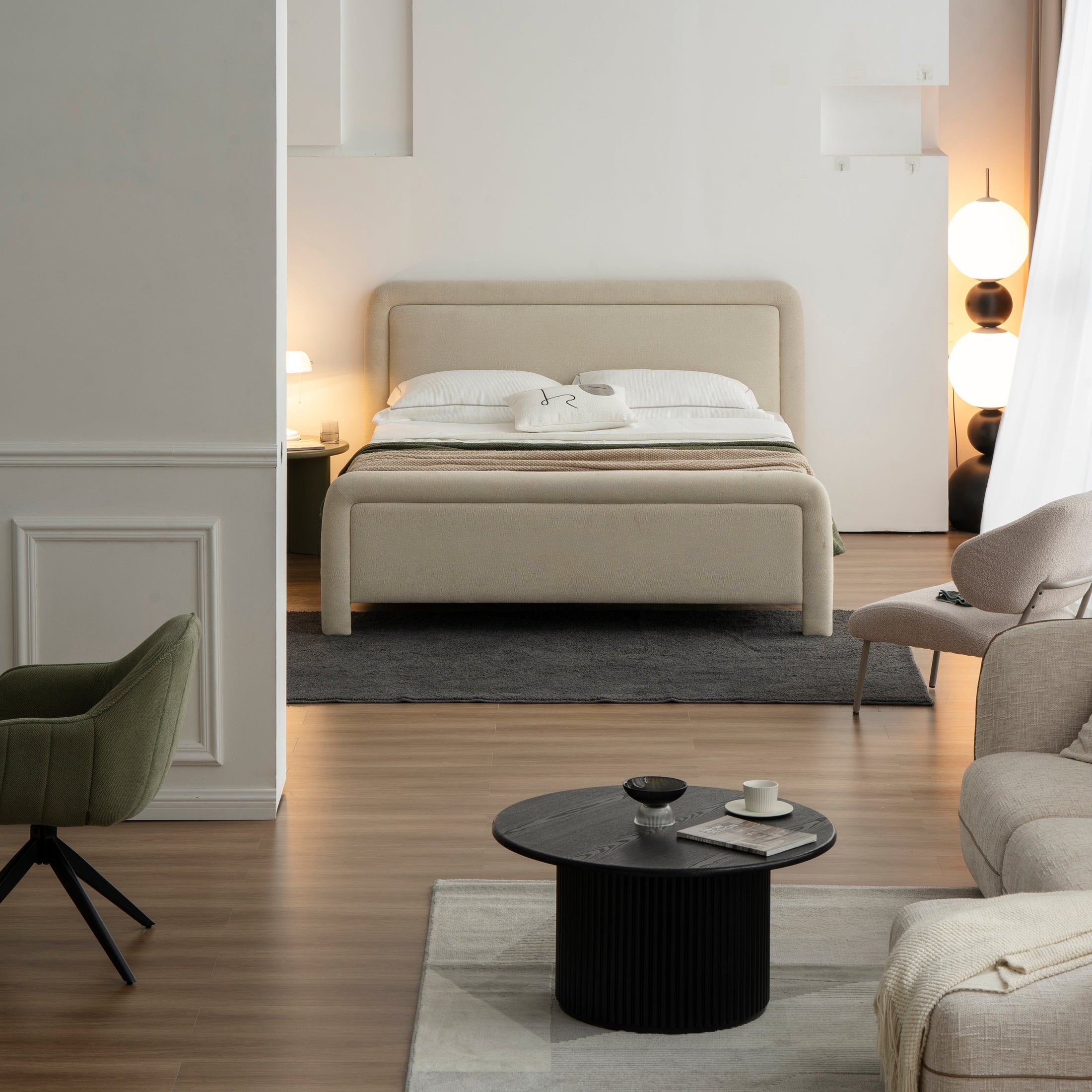 Rear perspective view highlighting the fully upholstered finish and the sturdy integrated leg design of the Alba bed