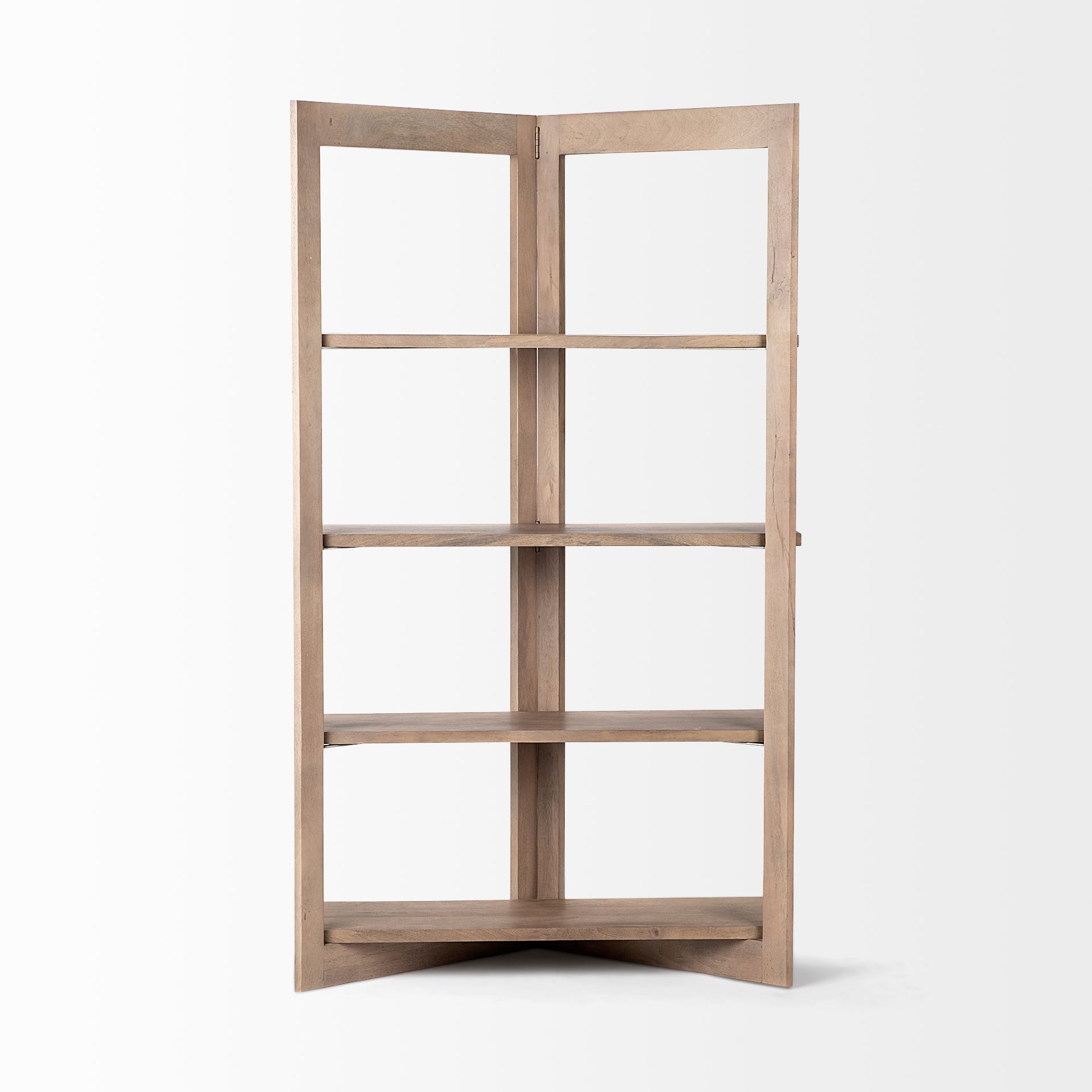 Straight-on front view of the Turnbull I shelving unit in light brown wood featuring a unique V-shaped open frame and four fixed shelves
