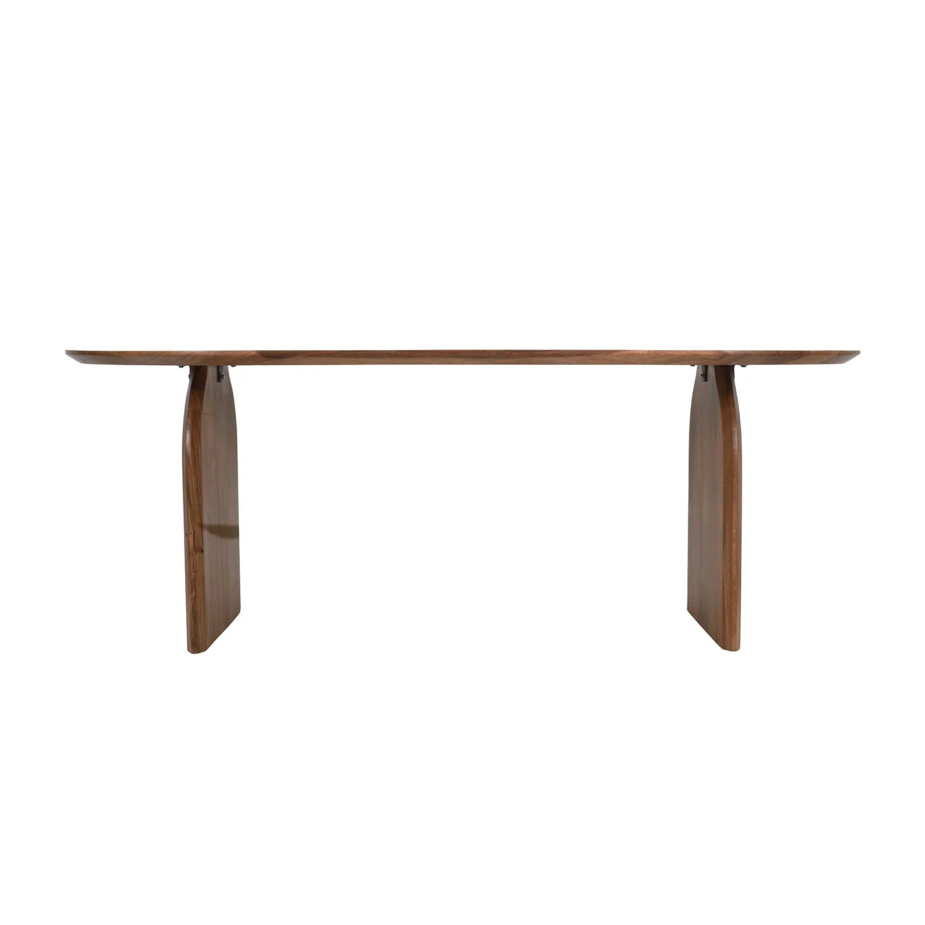 Front view of the Domingo oval dining table featuring a rich walnut finish and elegant curved pedestal leg supports