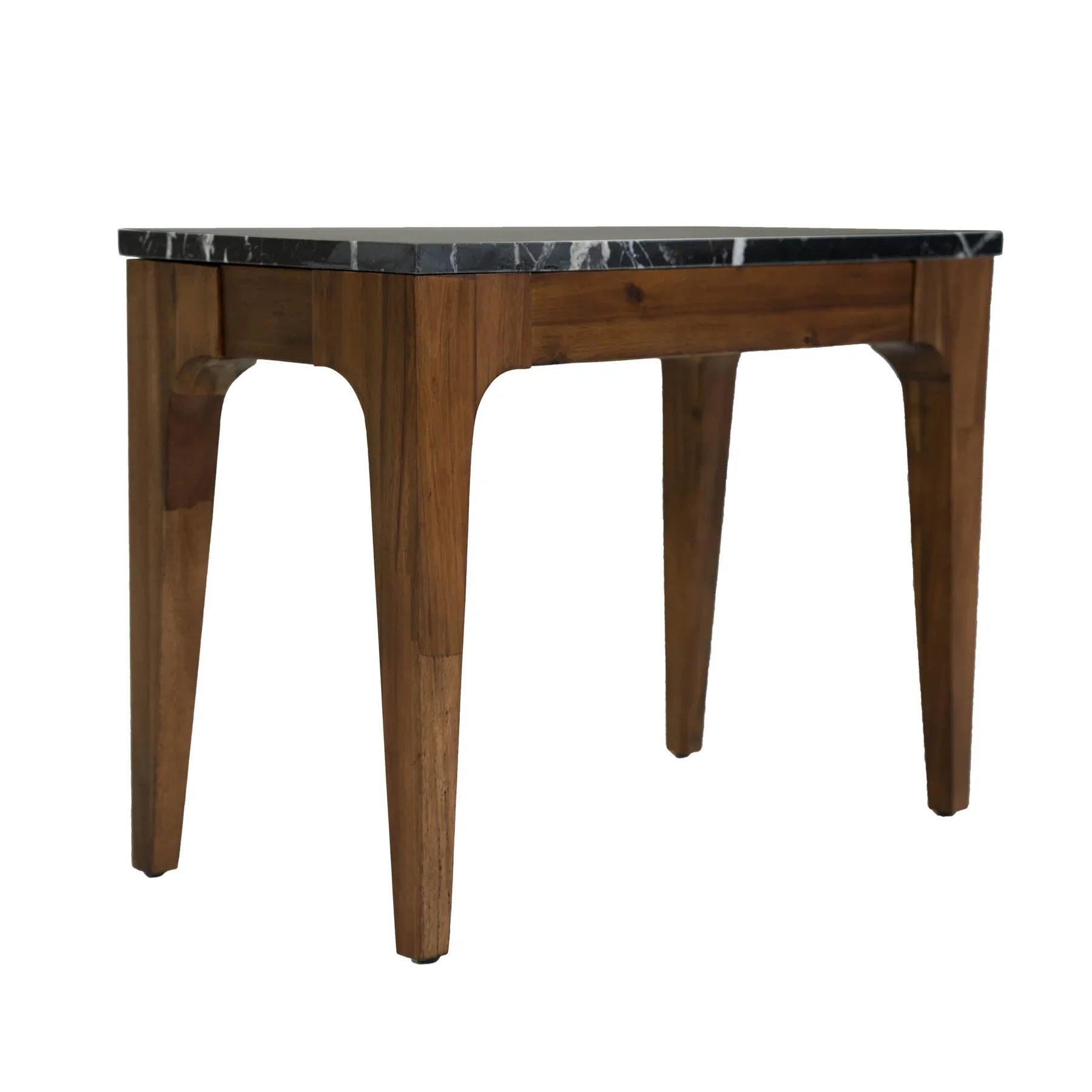 Three-quarter view of the Allure side table featuring a thick black marble top with white veining and a tapered walnut wood frame