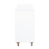 Side profile view emphasizing the slim depth, clean white finish, and the elegant Mid-Century inspired tapered wood legs
