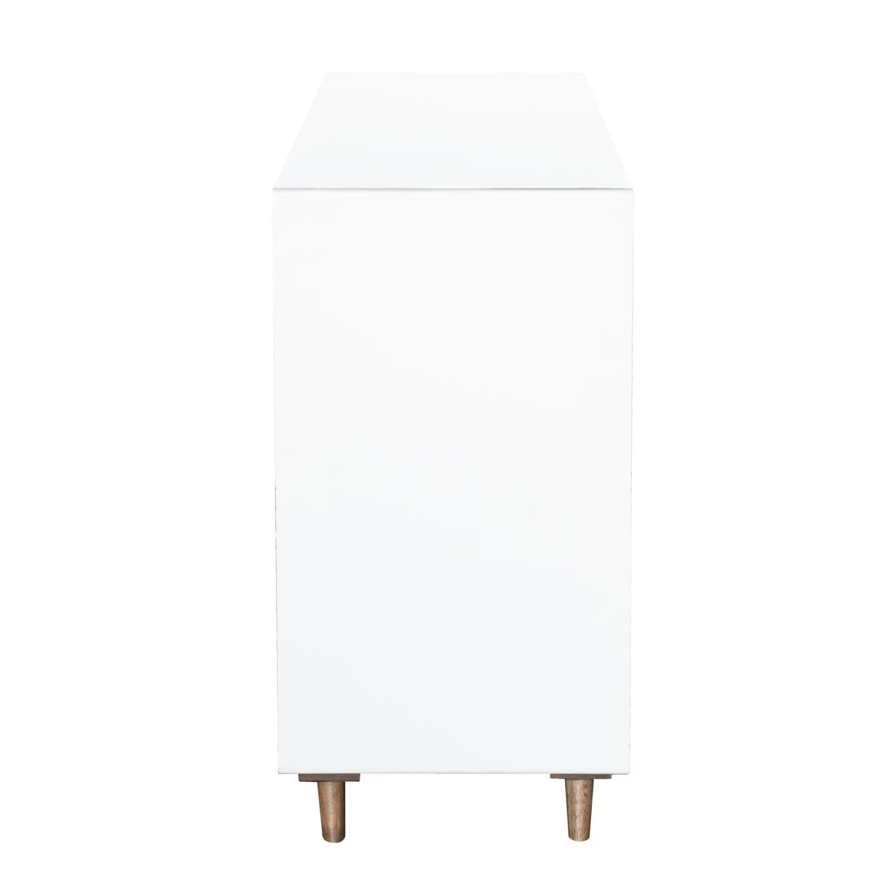 Side profile view emphasizing the slim depth, clean white finish, and the elegant Mid-Century inspired tapered wood legs