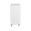 Side profile view emphasizing the slim vertical depth, clean white finish, and elegant Mid-Century inspired tapered wood legs