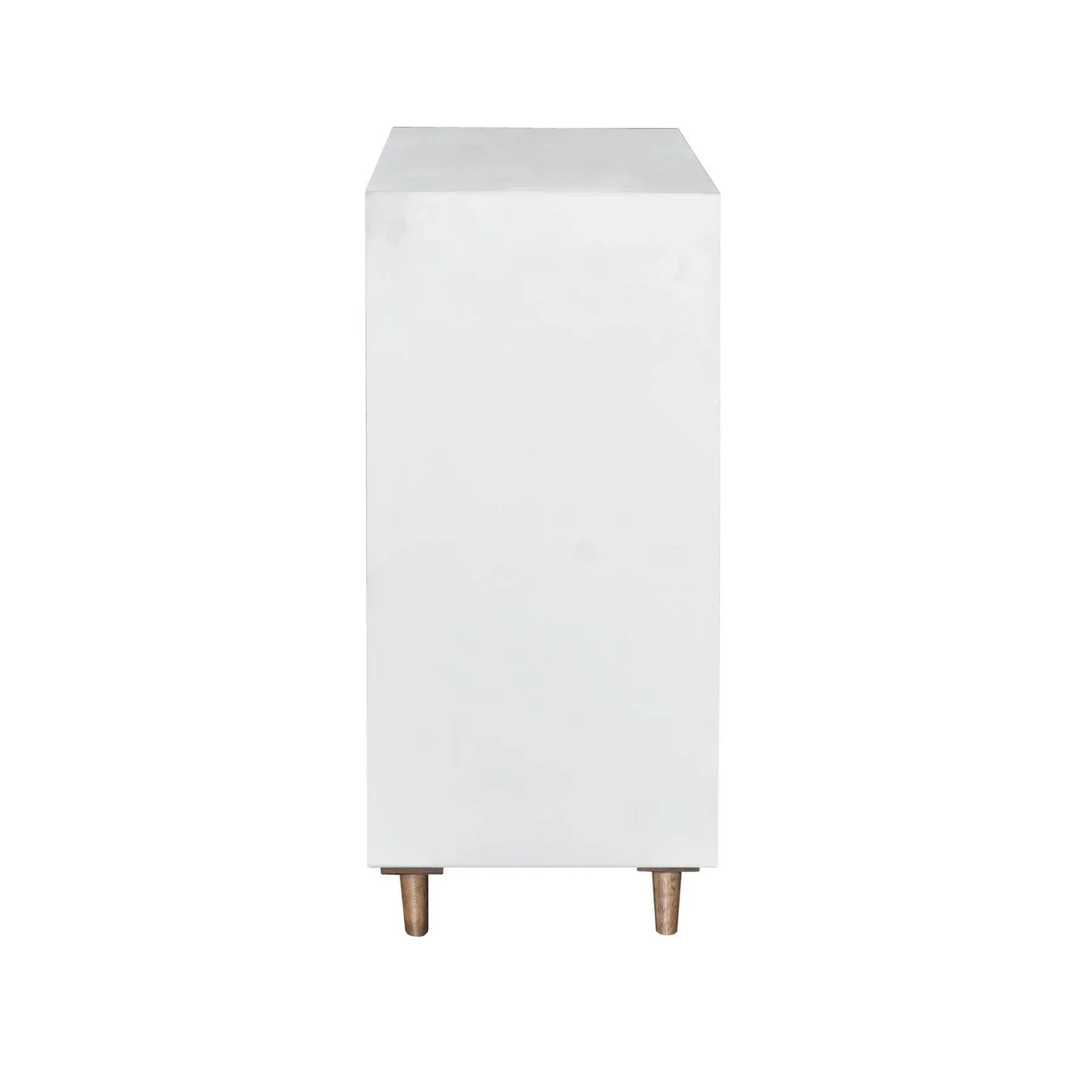 Side profile view emphasizing the slim vertical depth, clean white finish, and elegant Mid-Century inspired tapered wood legs