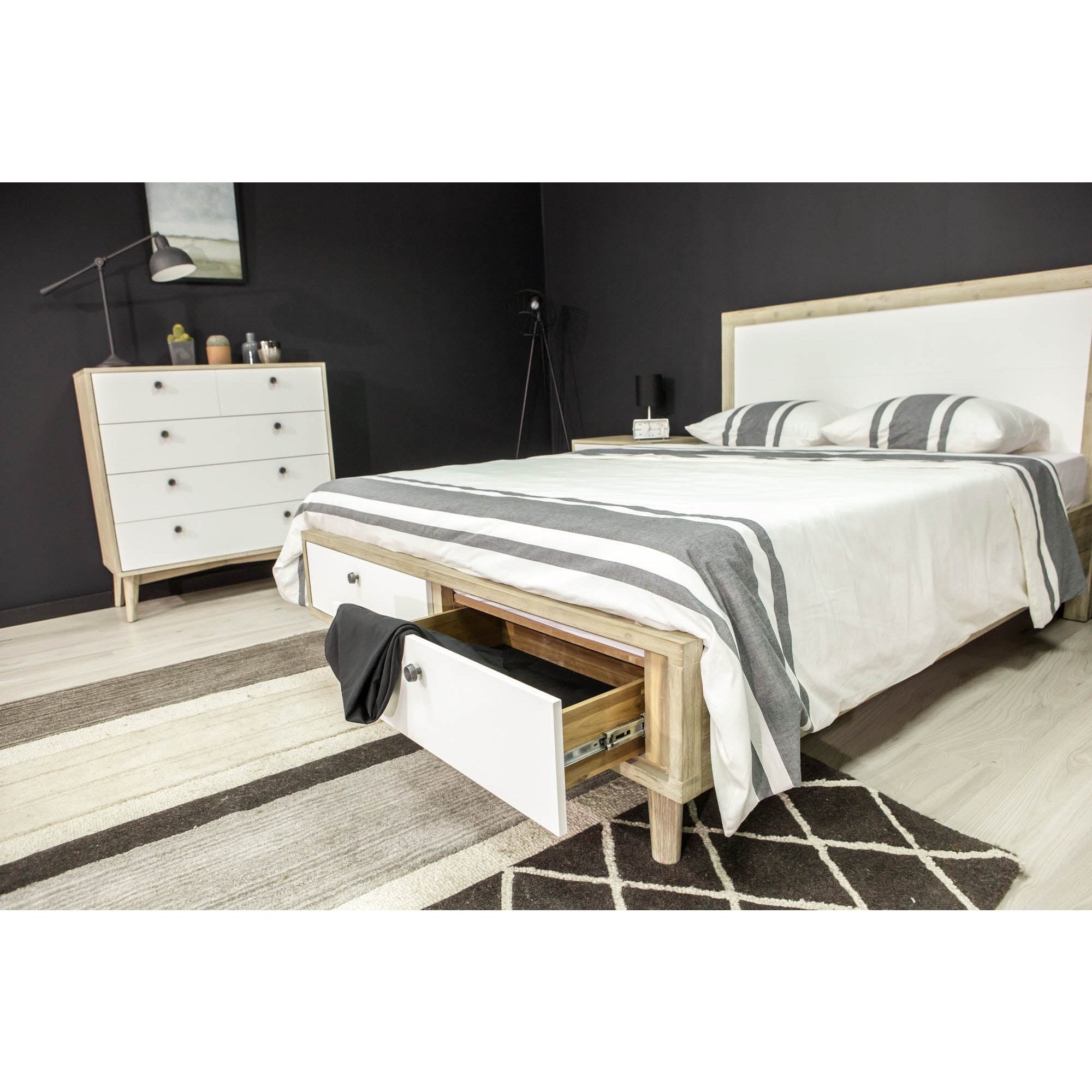 Front view of the Ava king platform bed featuring a tall upholstered headboard in a textured white bouclé fabric
