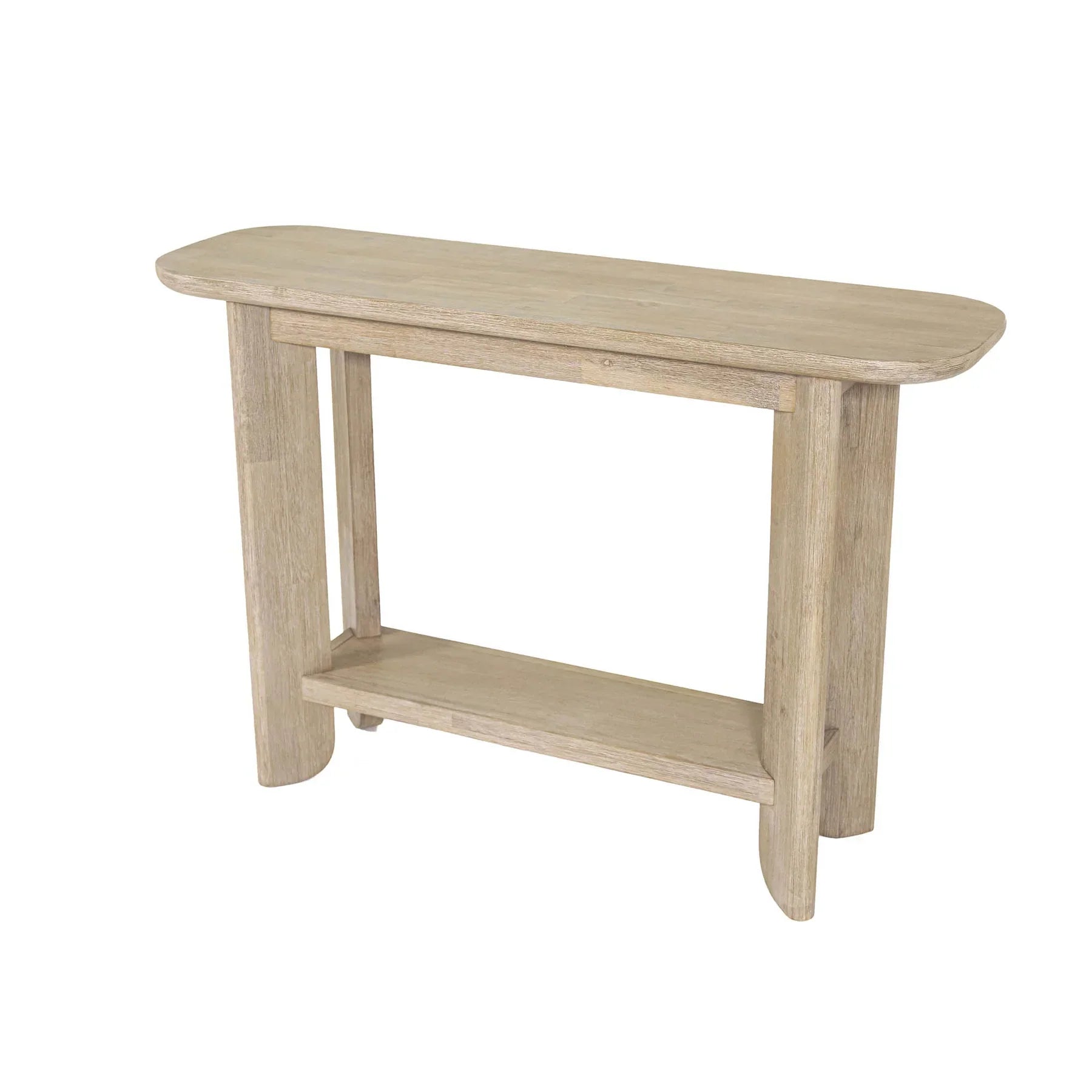Straight-on front view of the Haru console table featuring a minimalist architectural design in whitewash solid wood