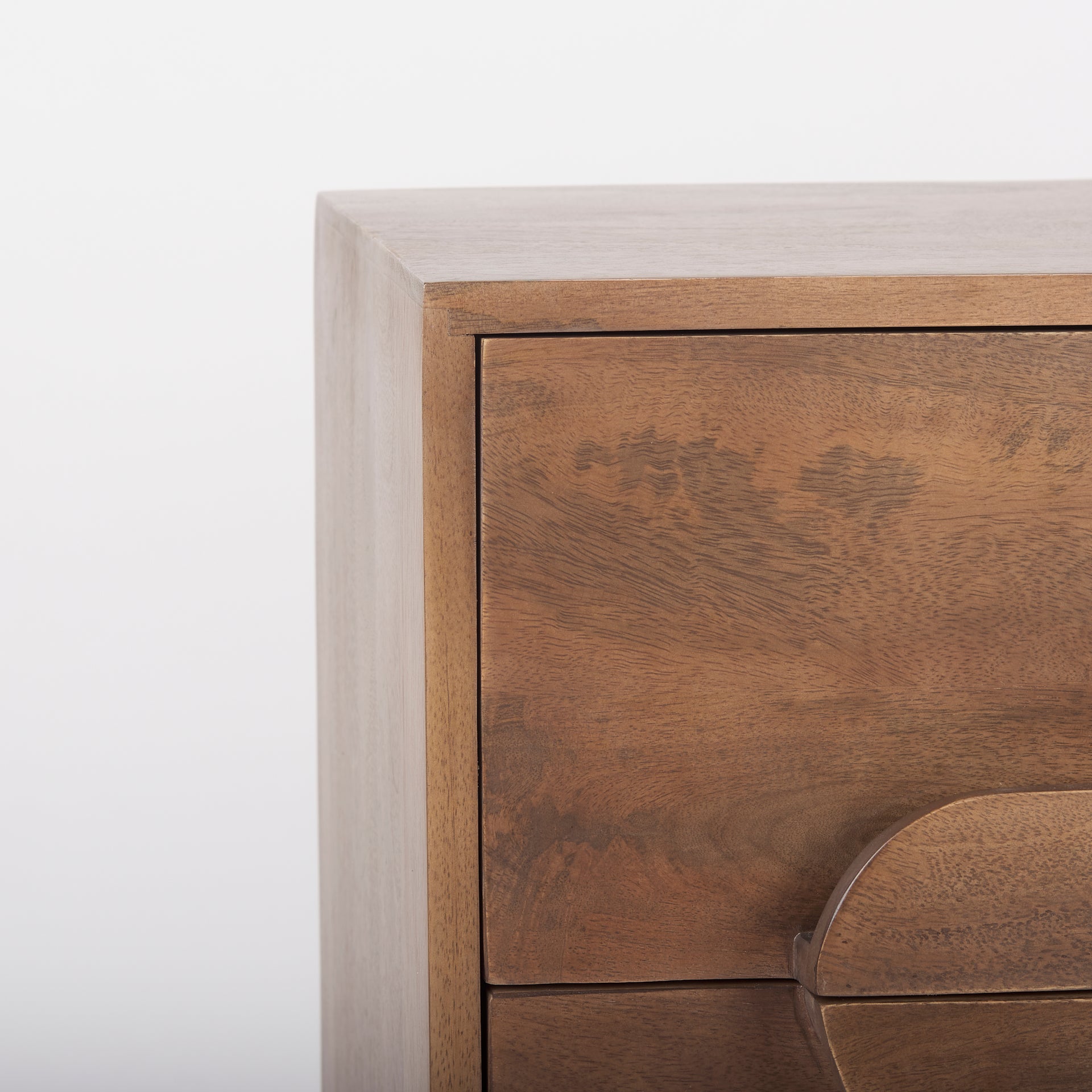 Front view of the Astrid 3-drawer cabinet featuring a warm walnut finish on solid wood with unique integrated oval-shaped drawer pulls