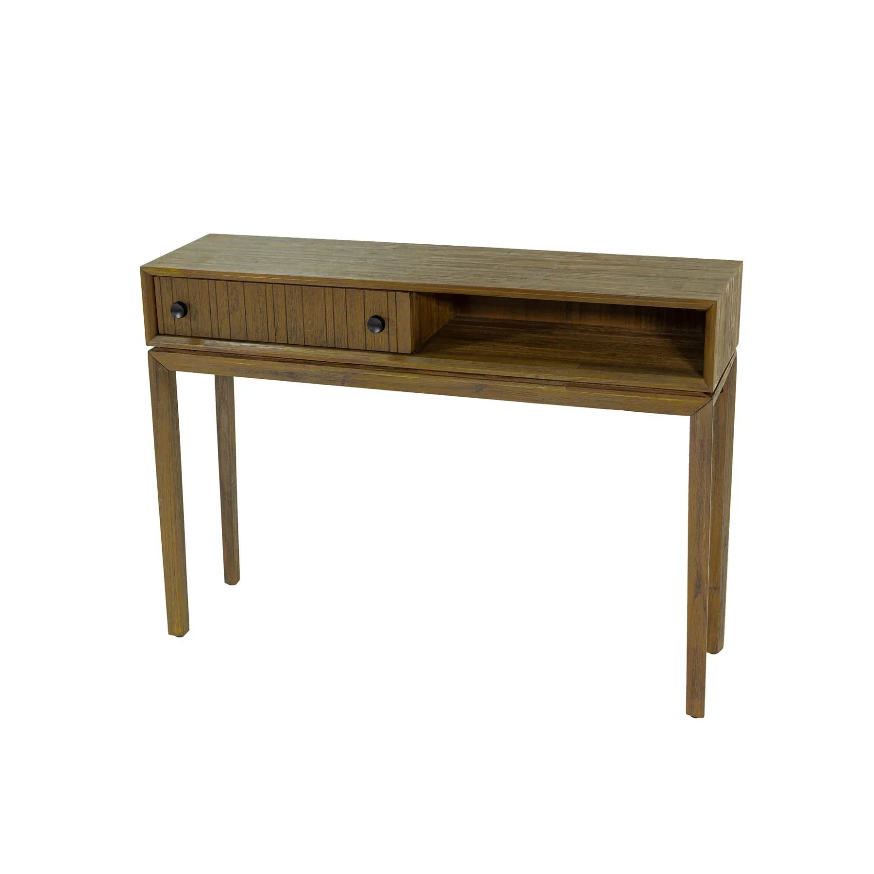 Front view of the West console table in a rich wood finish featuring a slim architectural frame, an integrated drawer with fluted texture, and an open storage cubby