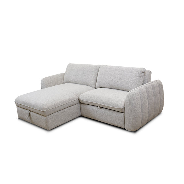 Front view of the Amira Pullout Sleeper Sectional in light grey textured fabric with a right-facing chaise.