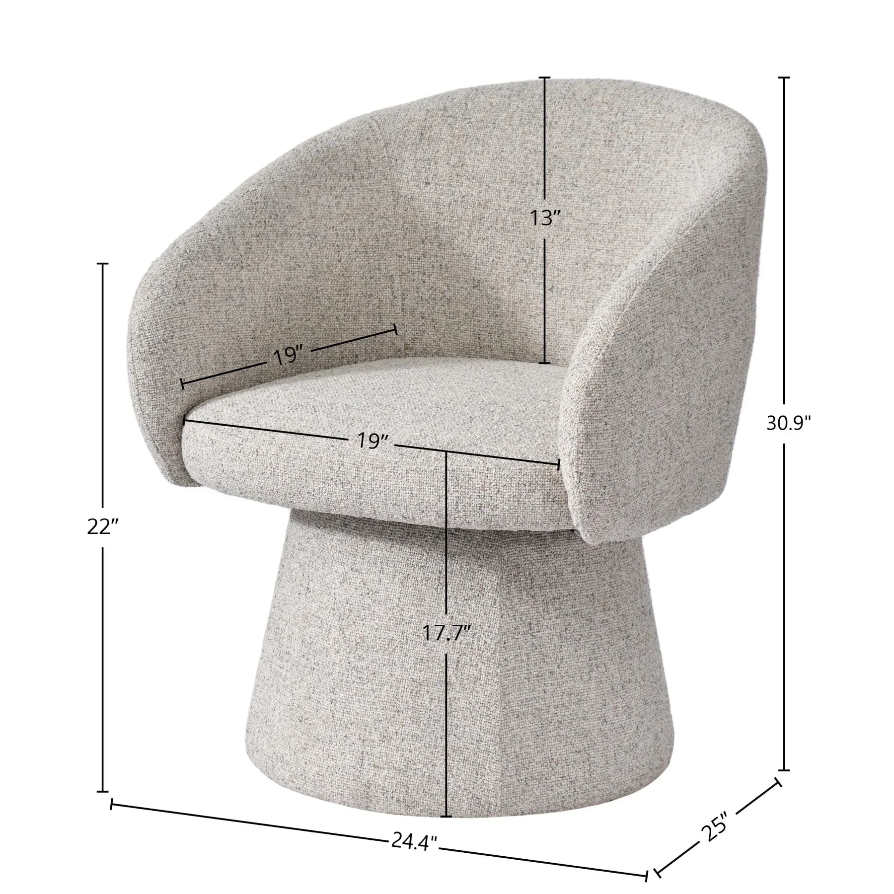 Technical diagram showing height, width, and seat depth for the Misha pedestal chair