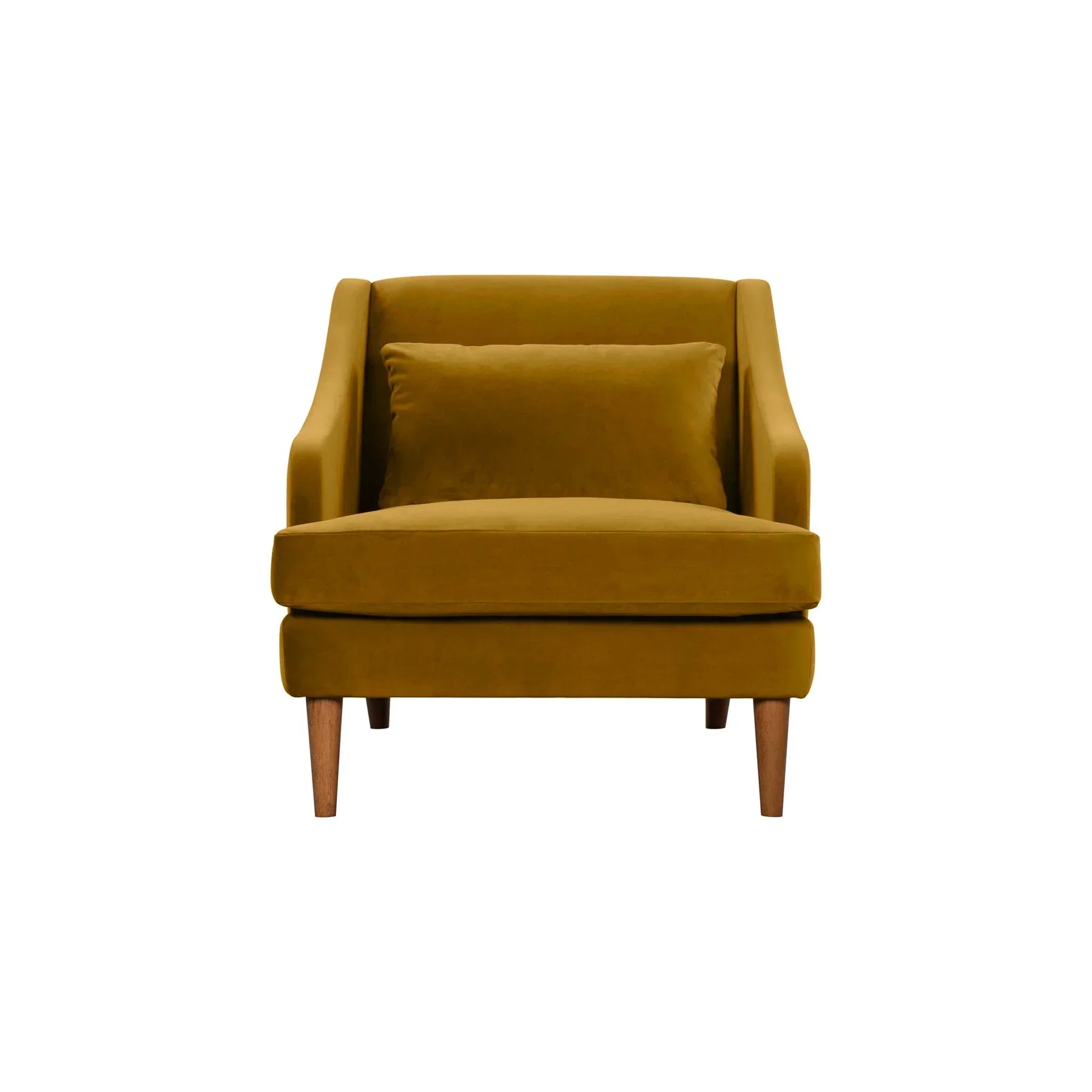 Front view of the Missy Club Chair in mustard yellow velvet featuring a matching lumbar pillow and natural wood legs