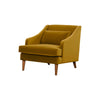 Three-quarter perspective of the mustard velvet Missy chair highlighting the sloped armrests and deep seat