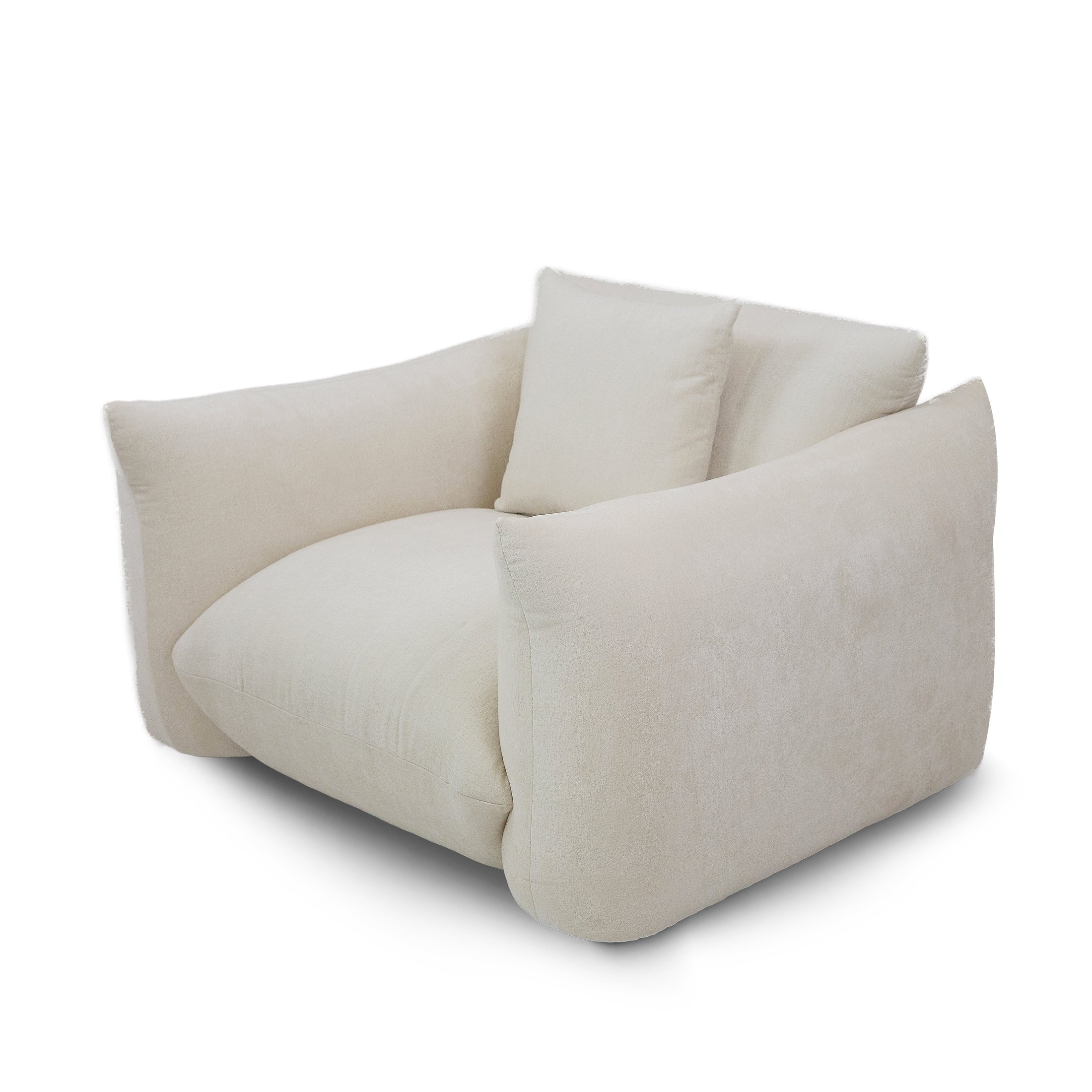 Front view of the Moa Accent Chair in white textured fabric featuring thick sculptural arched oak wood arms