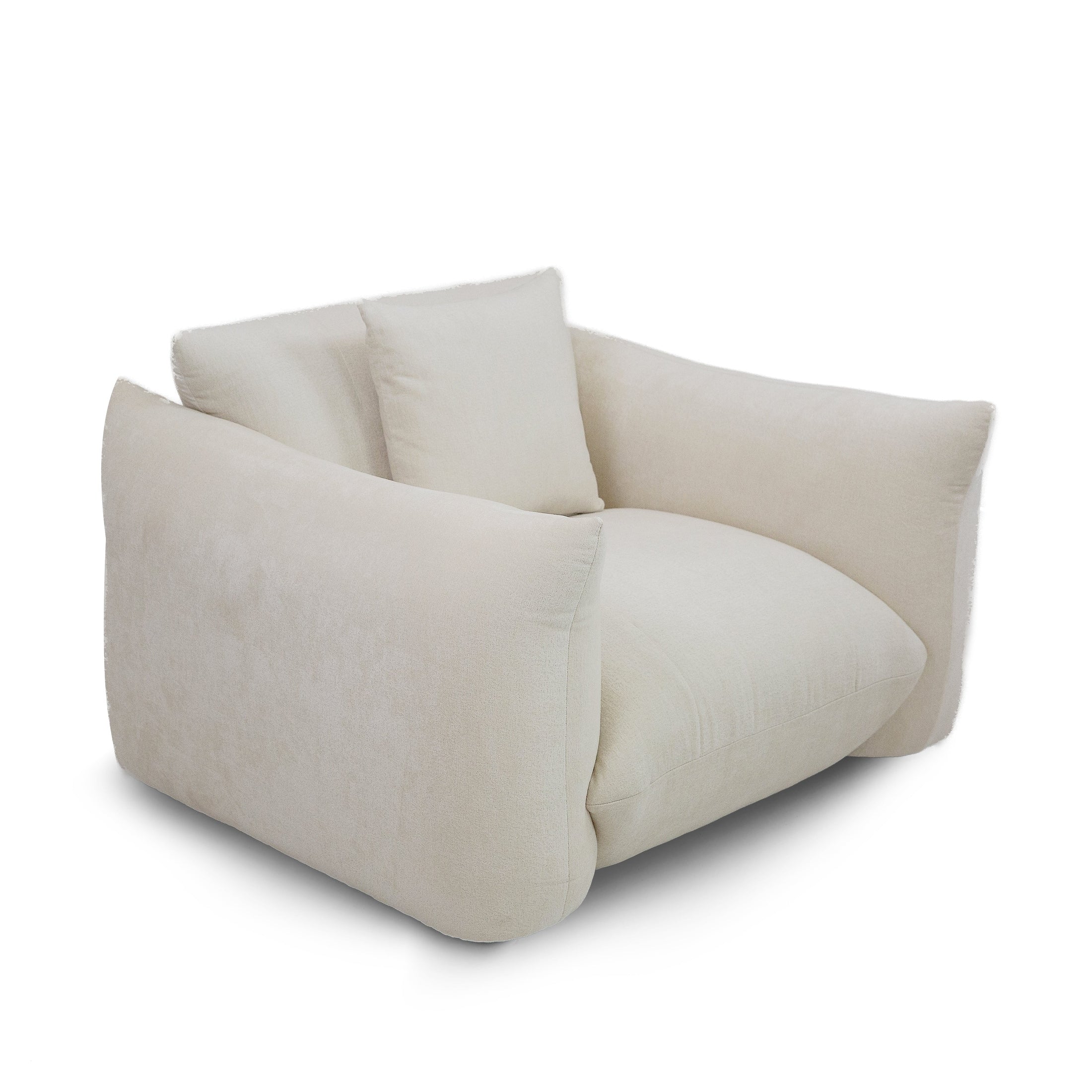 Front view of the Moa Accent Chair in white textured fabric featuring thick sculptural arched oak wood arms