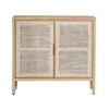 Straight-on front view highlighting the symmetrical woven rattan door inserts and clean wood frame