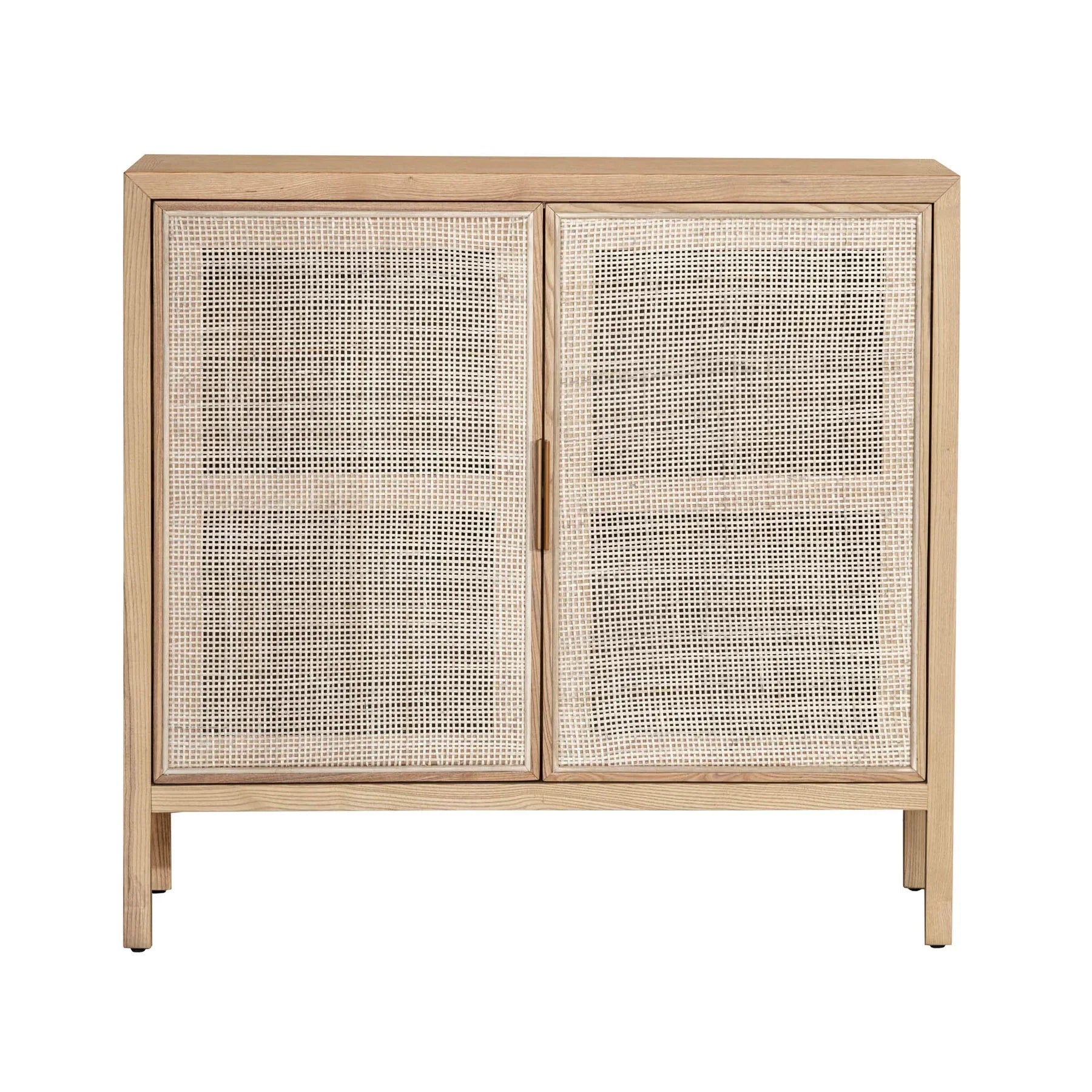 Straight-on front view highlighting the symmetrical woven rattan door inserts and clean wood frame