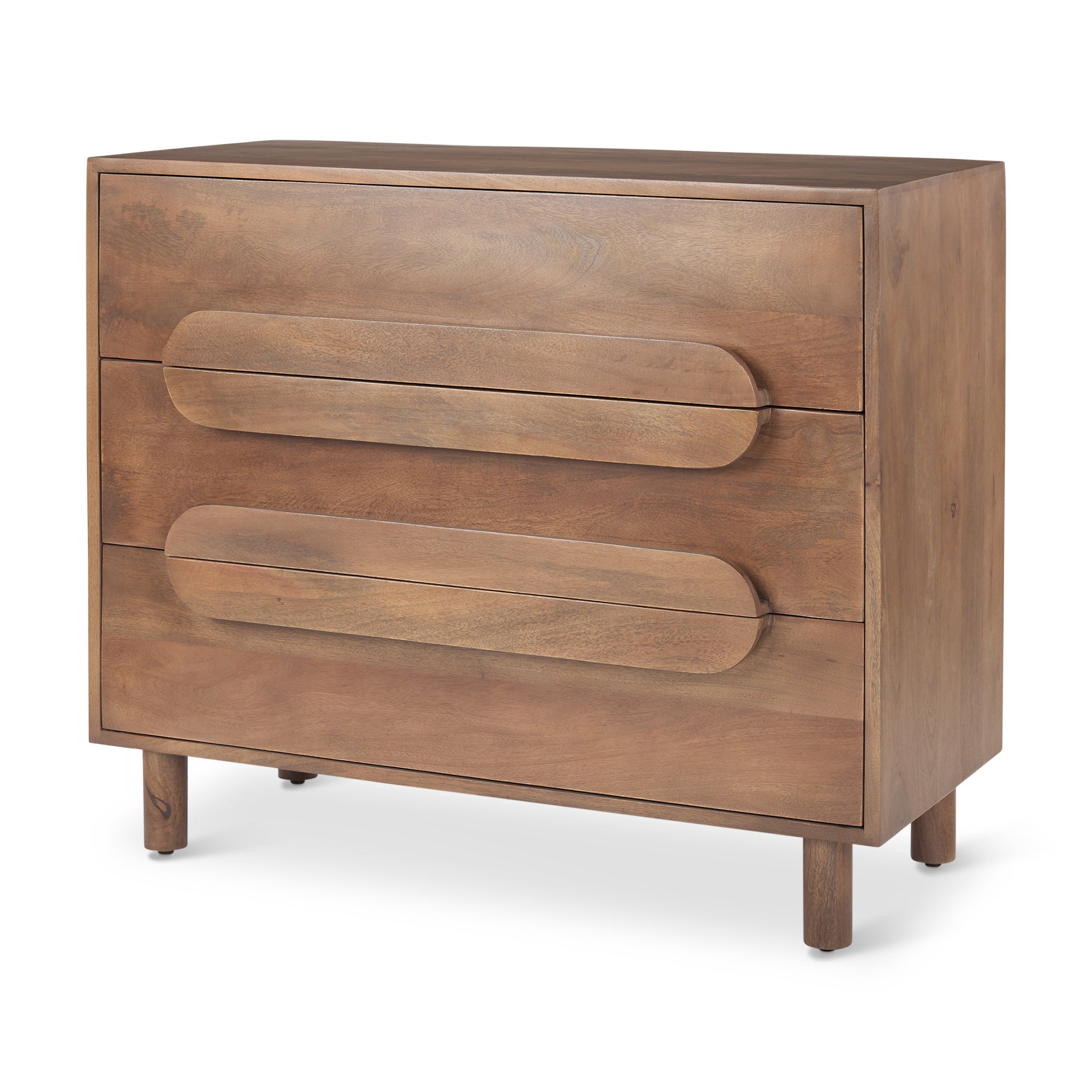 Front view of the Astrid 3-drawer cabinet featuring a warm walnut finish on solid wood with unique integrated oval-shaped drawer pulls