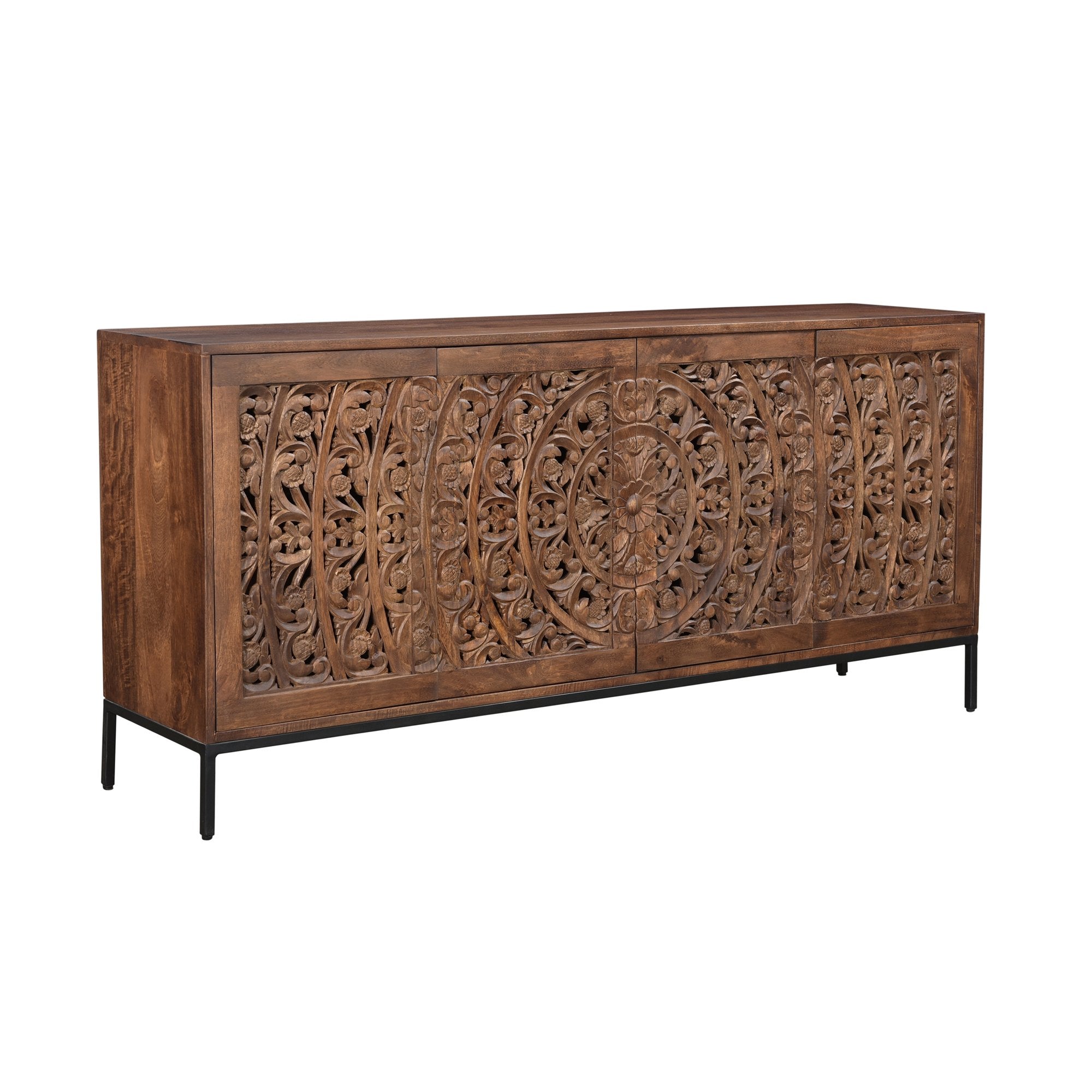 Straight-on front view of the Carved sideboard featuring a rich natural wood finish and intricate floral mandala carvings across four doors