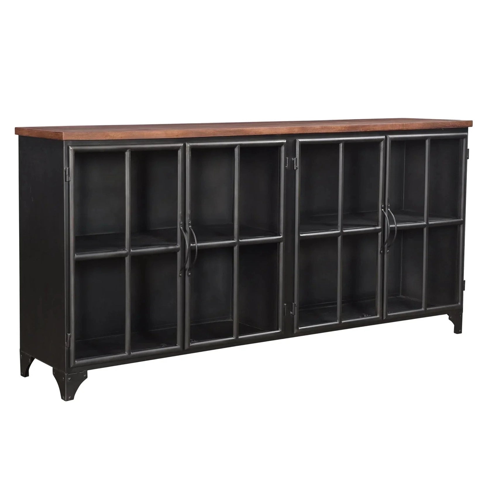 Front view of the Tradition sideboard featuring a rich solid acacia wood construction with four storage doors and a minimalist tapered leg base