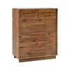 Three-quarter perspective view highlighting the sturdy block base and the authentic reclaimed wood texture of the six-drawer facade