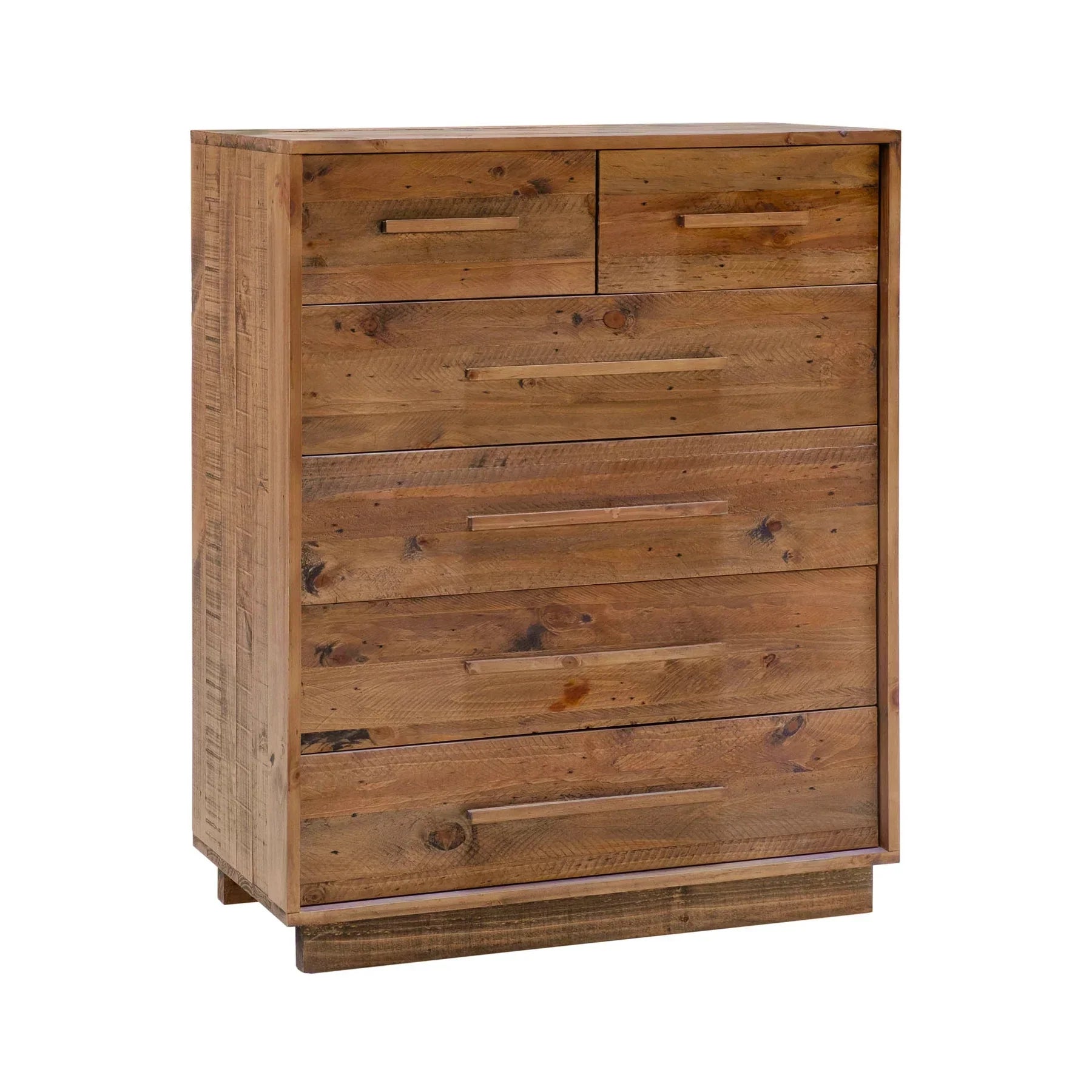 Three-quarter perspective view highlighting the sturdy block base and the authentic reclaimed wood texture of the six-drawer facade