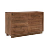Three-quarter perspective view highlighting the sturdy block base and the authentic reclaimed wood texture of the six-drawer facade