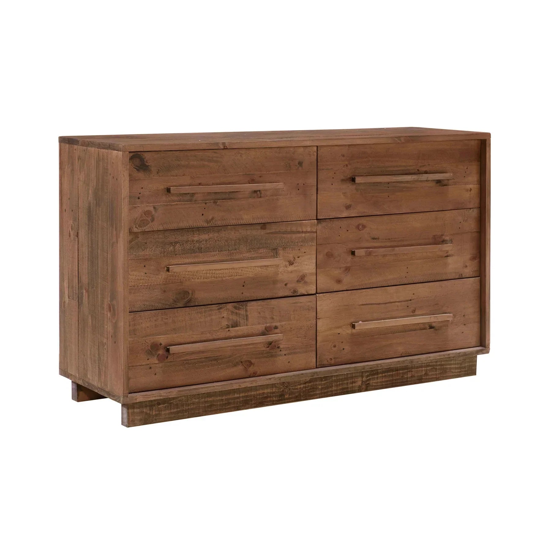 Three-quarter perspective view highlighting the sturdy block base and the authentic reclaimed wood texture of the six-drawer facade