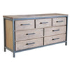 Three-quarter perspective view highlighting the high-capacity staggered drawer design and the contrast between the wood grain and metal frame