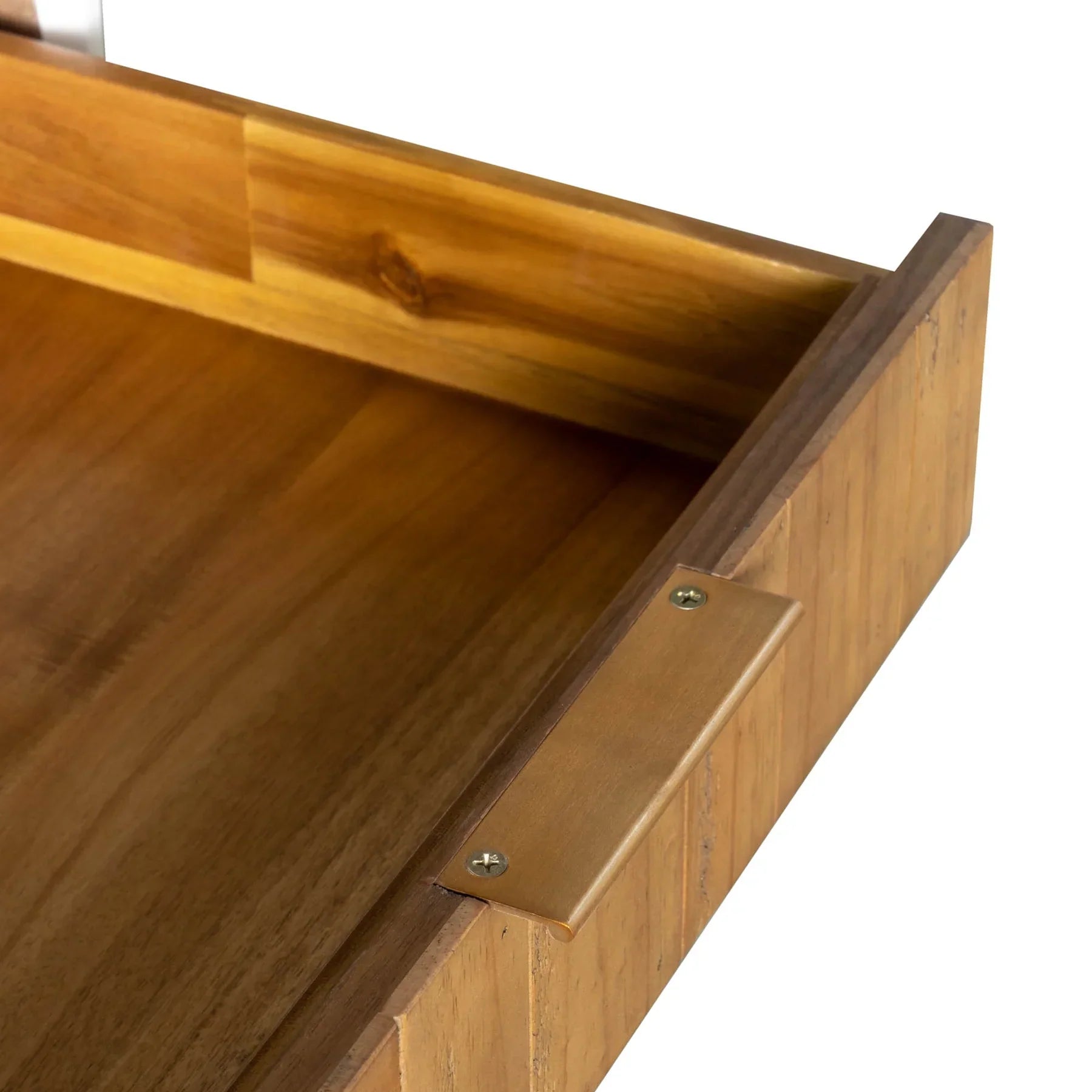 Front view of the Casablanca nightstand featuring a sleek white frame paired with a natural acacia wood drawer and dual open shelves