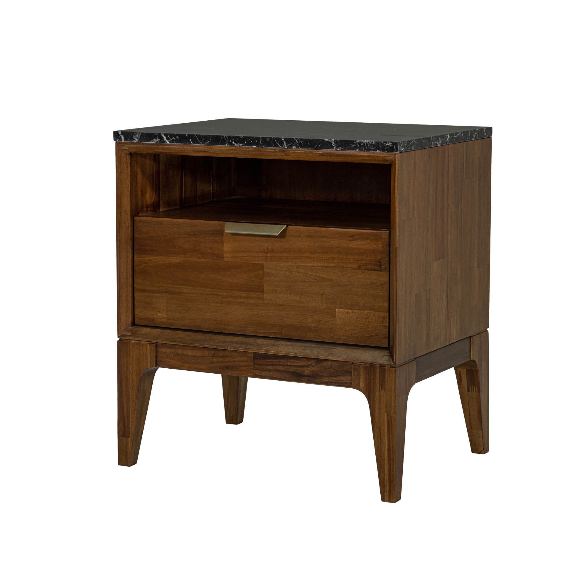 Front view of the Allure nightstand featuring a rich acacia wood frame, a single drawer with a brass handle, an open shelf, and a black marble top