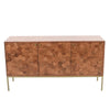 Three-quarter perspective view from a distance highlighting the rich wood grain and industrial-chic brass frame