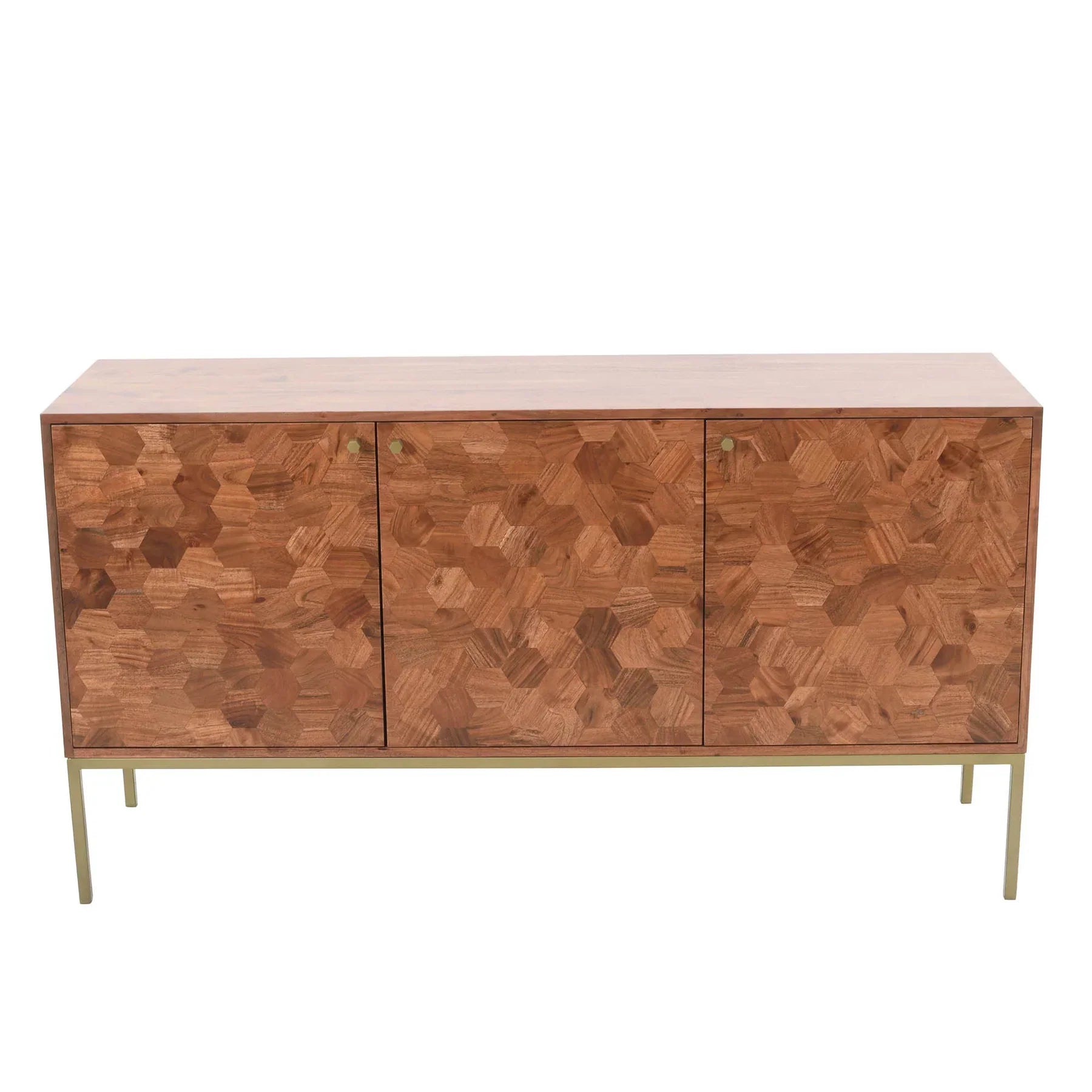 Straight-on front view showcasing the seamless symmetrical hexagonal wood patterns across the three storage doors