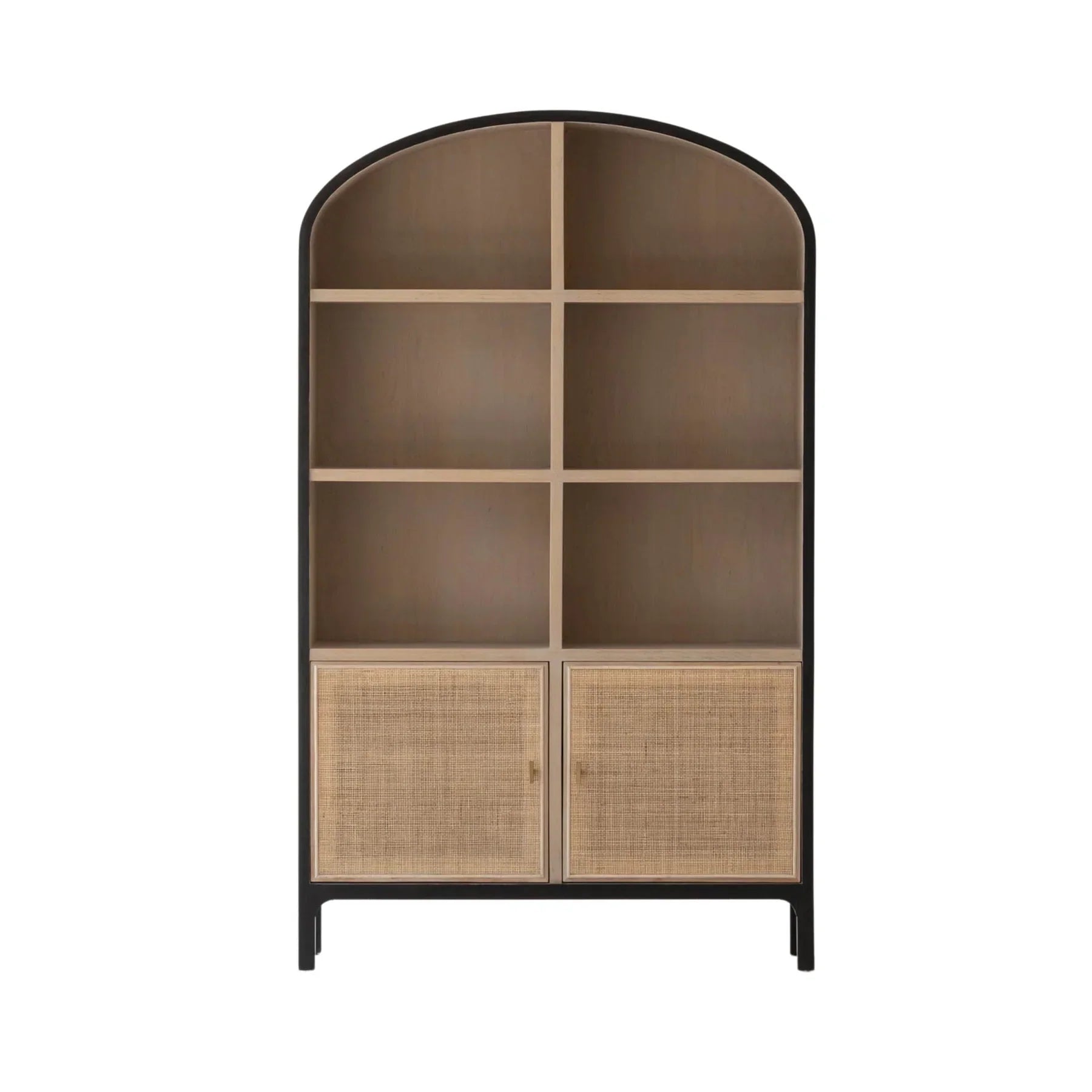 Straight-on front view showcasing the symmetrical six-compartment open shelving and lower cane-front storage