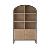 Straight-on front view showcasing the symmetrical six-compartment open shelving and lower cane-front storage