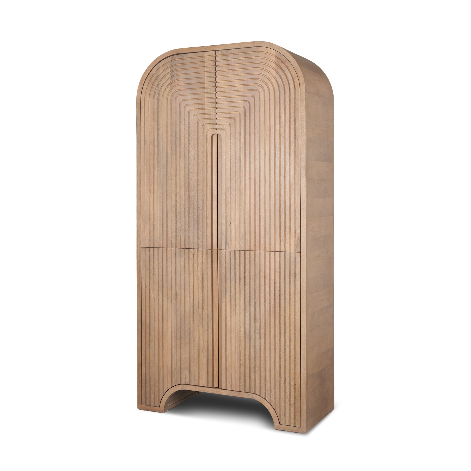 Front view of the Sorina curio cabinet featuring a light brown wood finish and a striking reverse fluted arched design