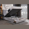 Lifestyle shot highlighting the Norell bed with the hydraulic lift base open in a contemporary room setting