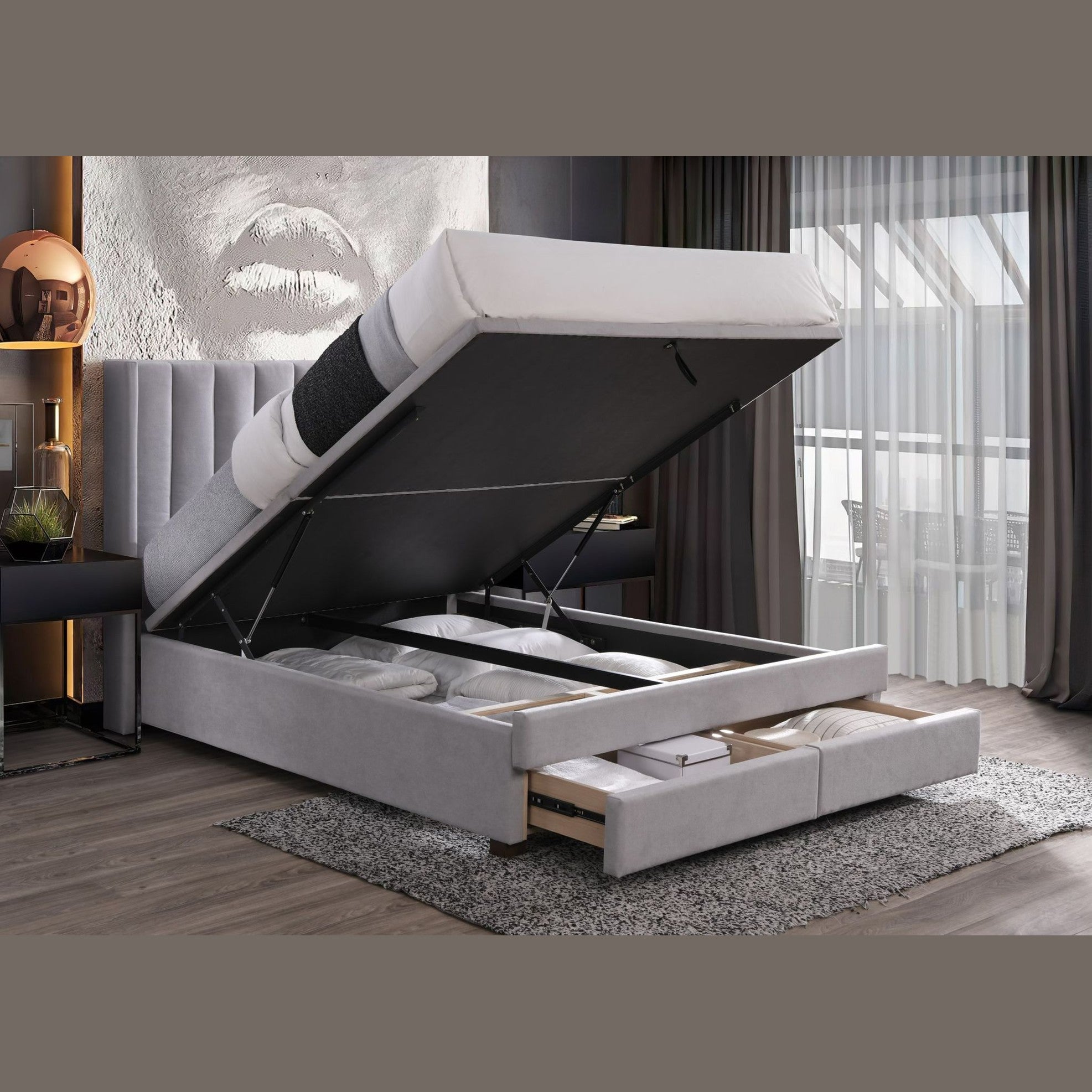Front view of the Norell storage bed featuring a neutral woven fabric finish and a vertical channel tufted headboard