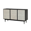 Three-quarter perspective view highlighting the deep ebony finish and the clean architectural lines of the 3-door cane sideboard