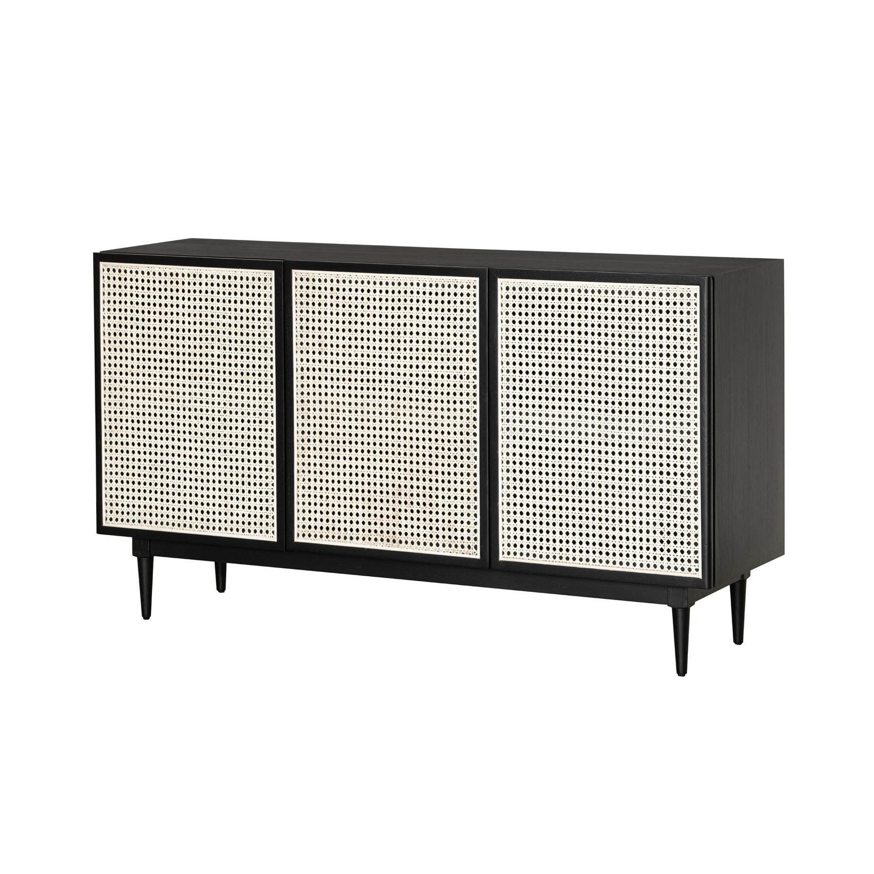 Straight-on front view of the Cane sideboard featuring a matte black wood frame and three natural woven rattan door panels
