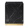 Straight-on front view showcasing the bold architectural square silhouette and the contrast of the black marble pattern against the gold base